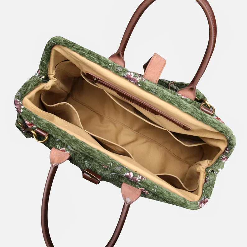 Olive Green Floral Print Travel Bag with Brown Leather Hardware & Detachable Strap