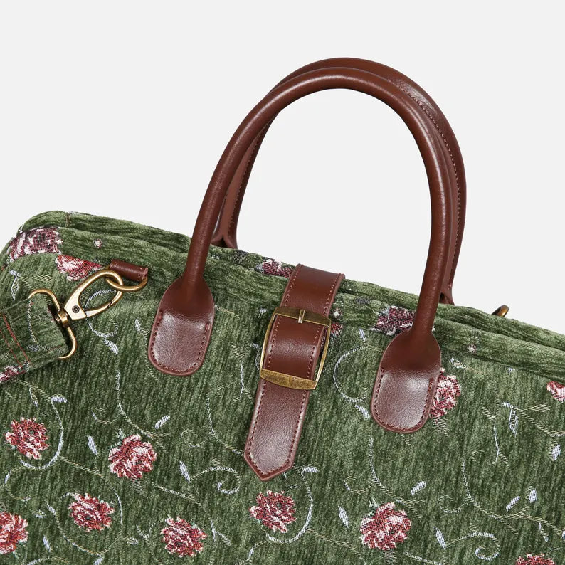 Olive Green Floral Print Travel Bag with Brown Leather Hardware & Detachable Strap