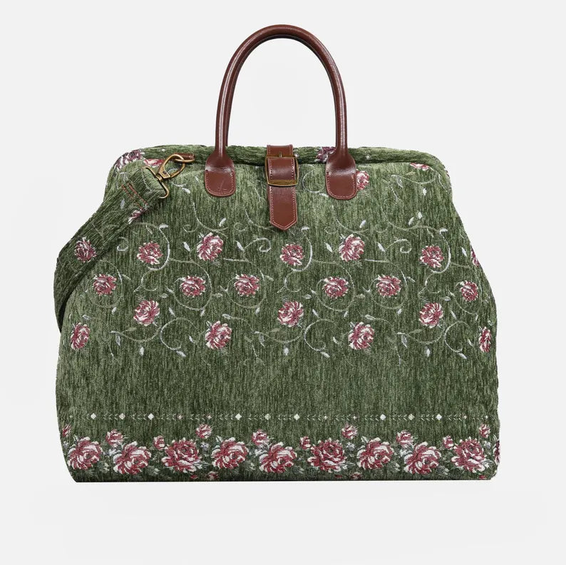Olive Green Floral Print Travel Bag with Brown Leather Hardware & Detachable Strap