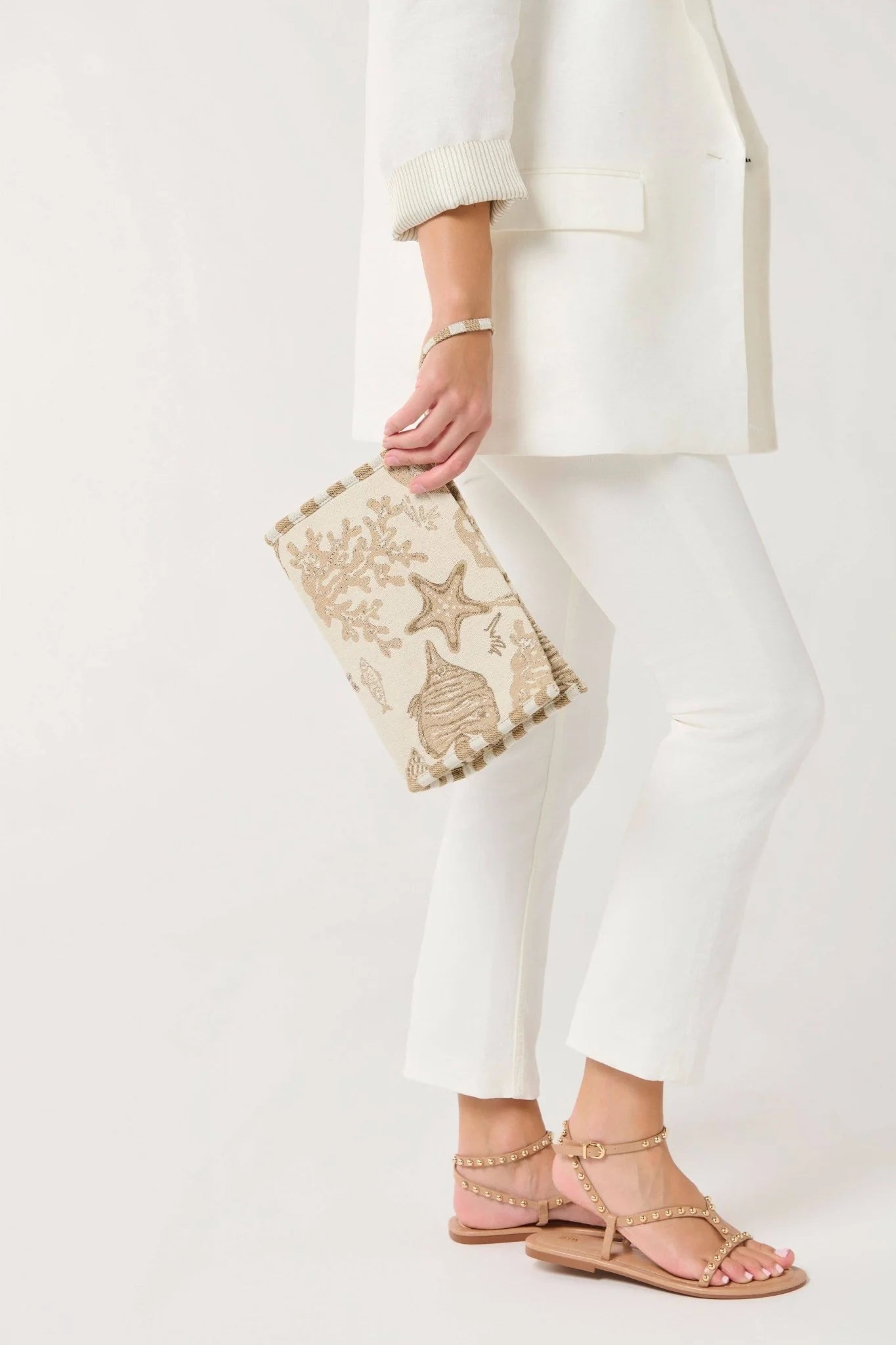 Cream Beige Ocean Jacquard Wristlet Bag with Striped Hand Strap