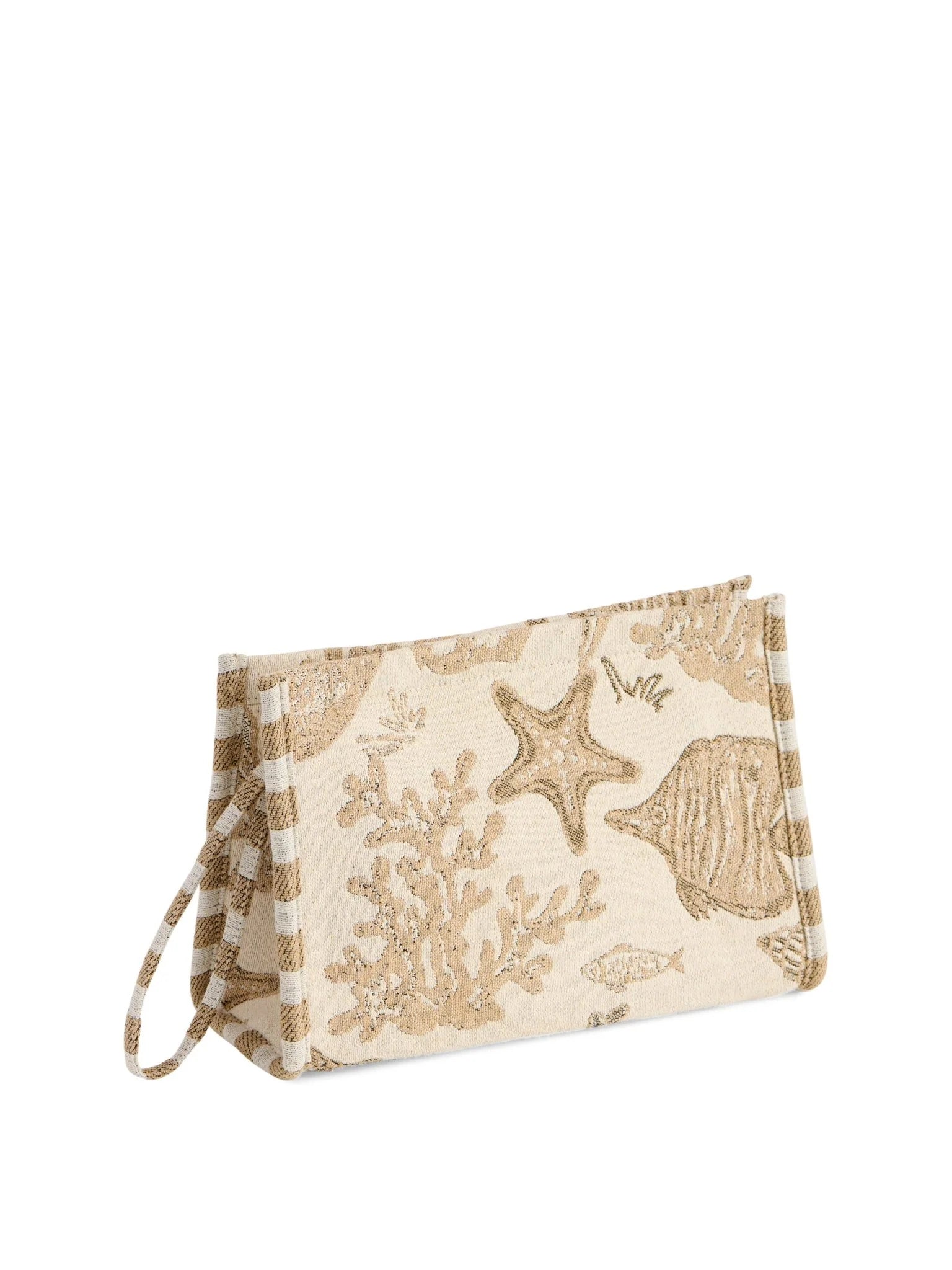 Cream Beige Ocean Jacquard Wristlet Bag with Striped Hand Strap