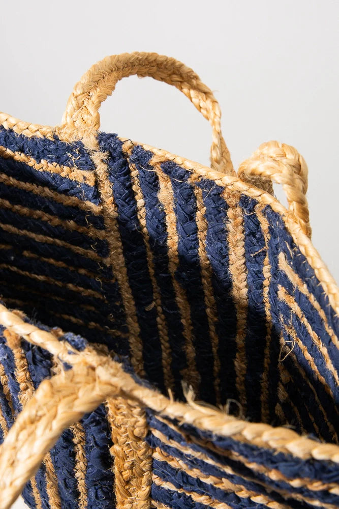 Navy Striped Woven Vacation Carry Bag with Braided Straps